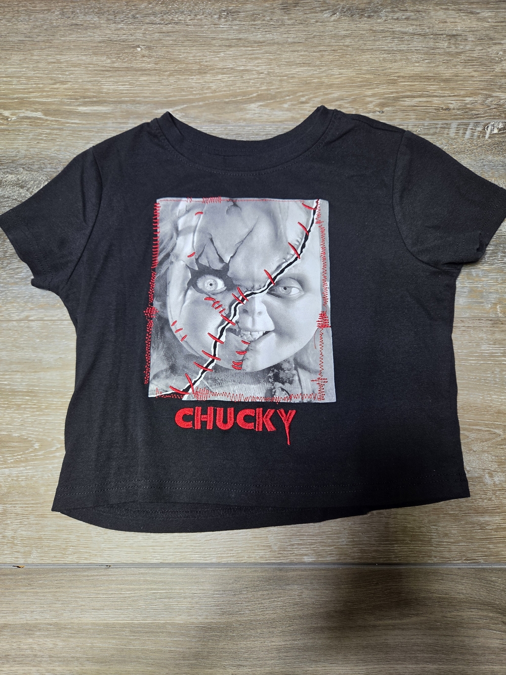 Chucky Graphic Crop T-Shirt Women's M Black Embroidered Horror